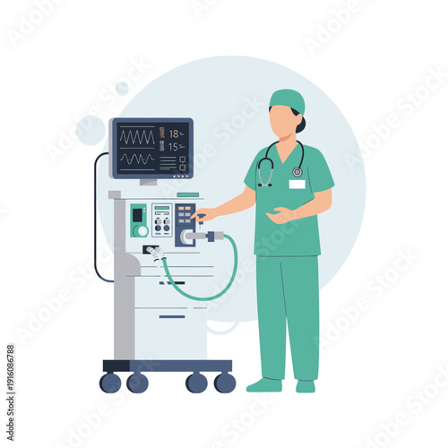 Nurse operating medical ventilator machine in hospital