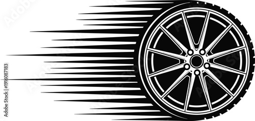 Car wheel with speed motion lines silhouette vector, high performance tire and alloy rim illustration isolated on white background