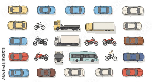 Collection of various vehicles seen from above.