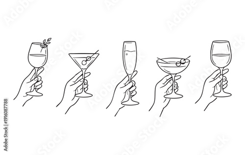 Vector illustration of hands holding various cocktail glasses with garnishes