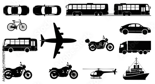 Collection of diverse transportation vehicle silhouettes.