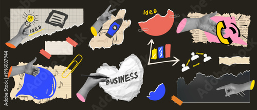 Vector collage in a modern craft style with hands, icons, charts, and paper elements; for the header of a website for marketing and branding presentations and web.