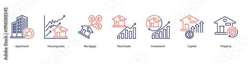 Housing Market Trends web banner icon vector illustration featuring Apartment, Housing Rates, Mortgage, Real Estate, Investment, Capital, and Property.