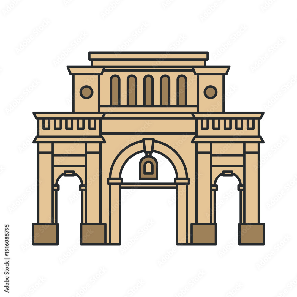 Fototapeta premium Triumphal arch monument with classical columns and central passage. Illustration. Object isolated on white background.