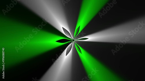 Abstract green and white glowing flower shape with symmetrical light rays on black background