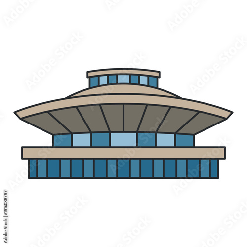 Modern circular pavilion building with wide roof and panoramic windows. Illustration. Object isolated on white background.