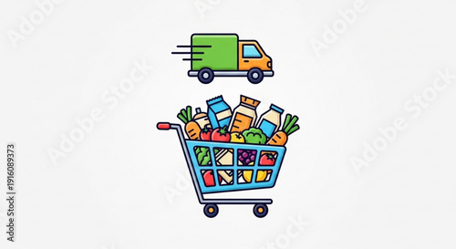 Grocery shopping cart filled with food and delivery truck on white background symbolizing online shopping and home delivery