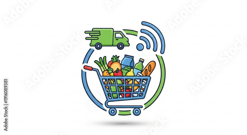 Online grocery shopping delivery concept with cart and truck