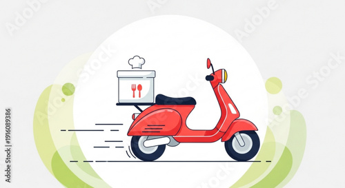Red scooter with food delivery box speeding on white background with green accents