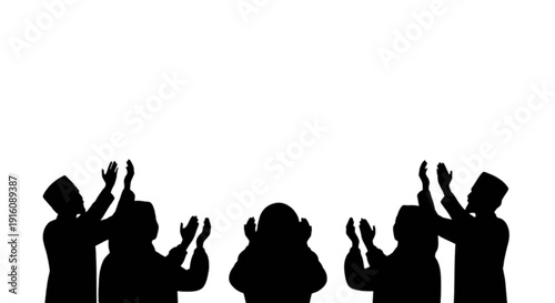 Silhouettes of people with raised hands in a celebratory or worship gesture