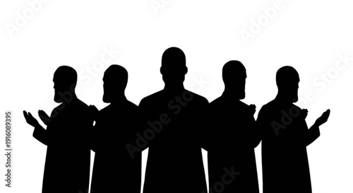 Silhouettes of five individuals standing and gesturing against a white background