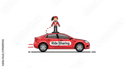 Woman standing on top of a red ride sharing car speeding down the road with motion lines