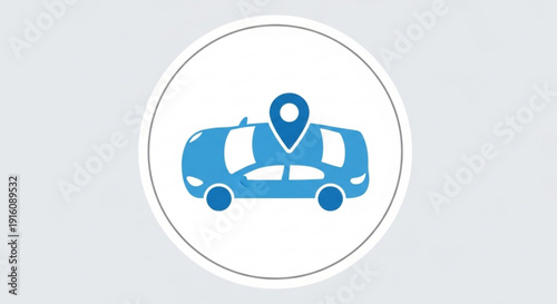 Blue car icon with location pin on top in white circle symbolizing transportation and navigation services