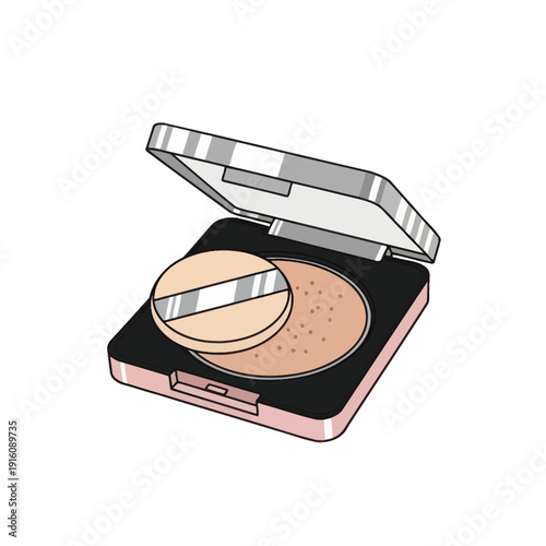 Open compact powder makeup with puff applicator on white background