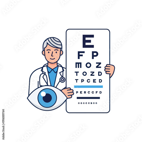 Optometrist holding eye chart and eyeball for vision check