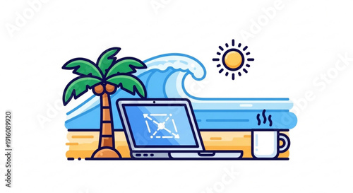 Remote work setup on a sunny beach with laptop coffee and palm tree symbolizing freedom and productivity