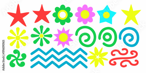 Colorful assortment of abstract shapes and floral like designs