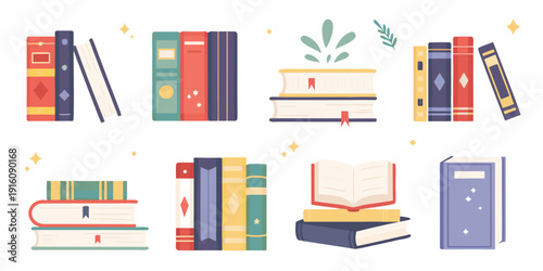 Colorful stack of books and open book with plant decorations