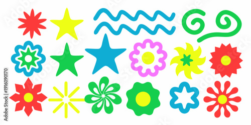 Colorful assortment of whimsical cartoon shapes and floral designs