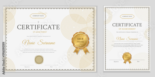 Certificate of achievement template — an elegant vector diploma template, editable and printable. Portrait and landscape formats, decorative frame, classic professional design for awards.