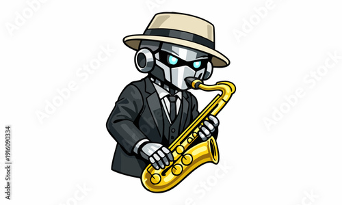 Robot saxophonist with golden instrument cartoon illustration