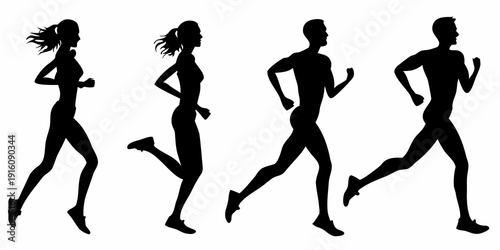Silhouettes of four people running showcasing dynamic movement and athleticism