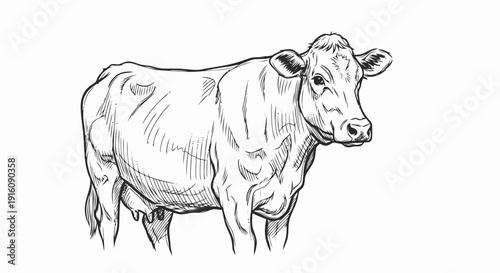 Detailed Line Drawing of a Cow.