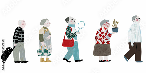 A charming illustration depicts six elderly people in various outfits