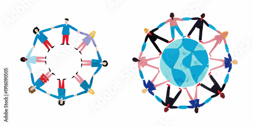 People holding hands in a circle surrounding a watercolor earth illustration