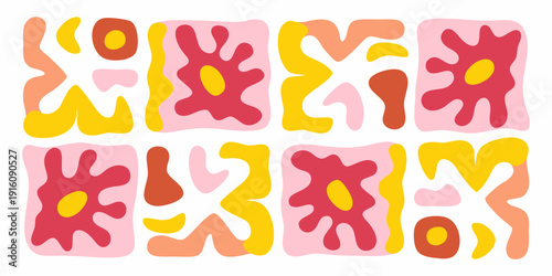 Abstract arrangement of colorful organic shapes and forms in a grid