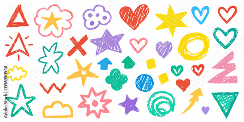 Colorful crayon drawings of hearts stars and various abstract shapes