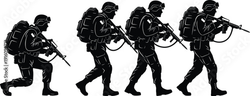 Military Soldiers Silhouette Set Showing Tactical Infantry Patrol Movement with Rifles and Combat Gear Vector Illustration Collection