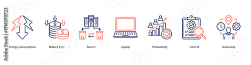 Workplace Efficiency web banner vector illustration featuring Energy Consumption, Reduce Cost, Branch, Laptop, Productivity, Control, and Autonomy.