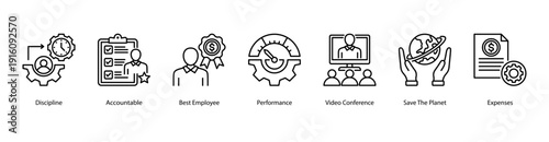 Performance and Sustainability web banner vector illustration featuring Discipline, Accountable, Best Employee, Performance, Video Conference, Save The Planet, and Expenses.