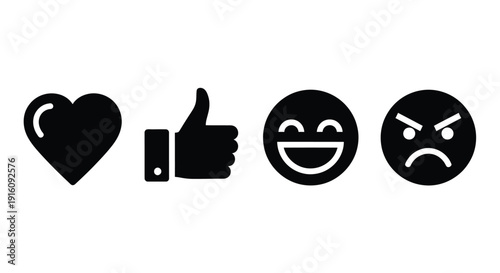 Four black emoji icons representing feelings a distinct silhouette