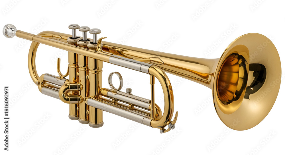 Obraz premium Brass trumpet with gold lacquer and silver valves on black background