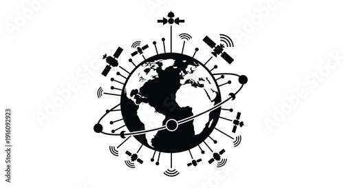 Global network of satellites and connections a stark silhouette