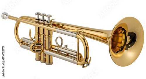 Brass trumpet with gold lacquer and silver valves on black background