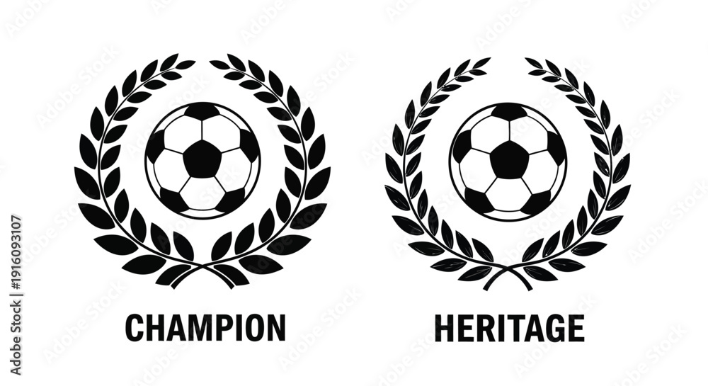 Obraz premium Two laurel wreaths encircling soccer balls with text a bold silhouette