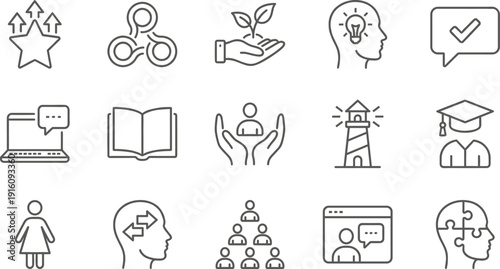 Line icons set of personal growth, education, and business mentorship symbols including lighthouse, graduation cap, puzzle head, star rating, book, and team leadership concept.