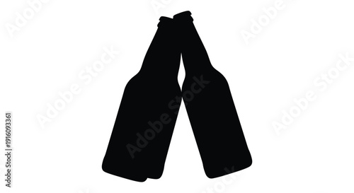 Two dark beer bottles clink together in a striking silhouette