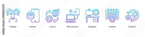 Workplace Connectivity web banner vector illustration featuring Feedback, Portfolio, Internet, Wifi Connection, Workplace, Schedule, and Pandemic.