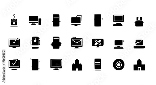 Digital World Icons: A collection of meticulously crafted, clean digital icons, representing various elements of technology and communication. A harmonious fusion of tech