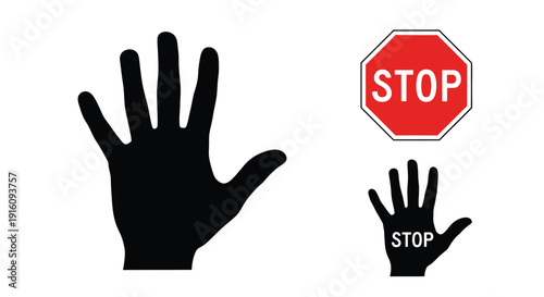 A hand stopping gesture with a stop sign black silhouette