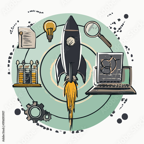Startup rocket launch illustration with businessman, lightbulb, coins, gears and space icons, vector innovation and entrepreneurship concept graphic design