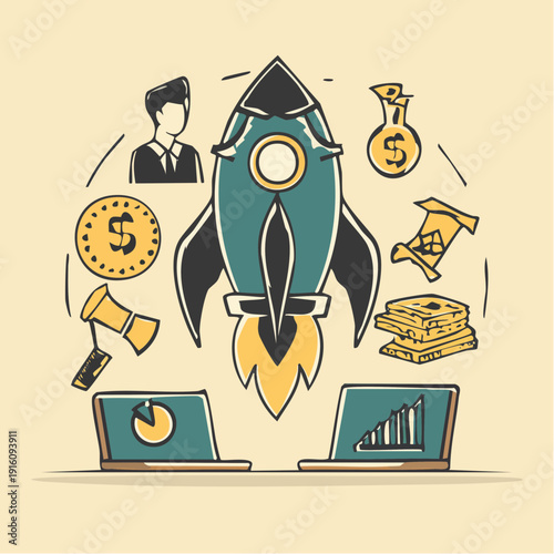 Startup entrepreneurship businessman icon set with rocket, coins, chart symbols, vector outline illustration, business success concept icons for web and app design