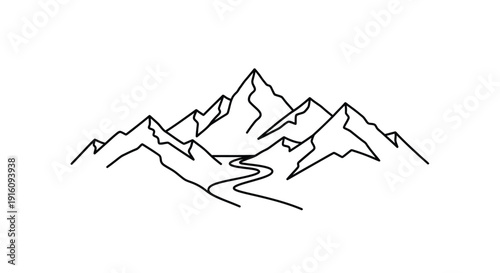 Minimalist mountain range illustration with a flowing river silhouette