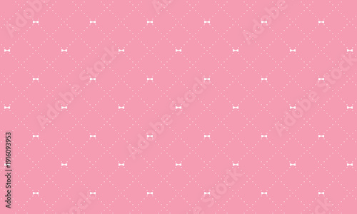 ドットでできた4等分されたひし形のタイルにリボンマークが入った格子柄のピンクの壁紙