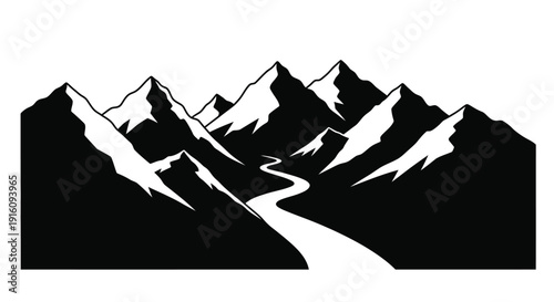 Dramatic mountain range with winding river a bold silhouette