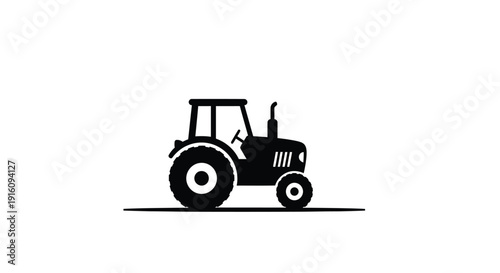 A black silhouette of a classic tractor against a white background silhouette